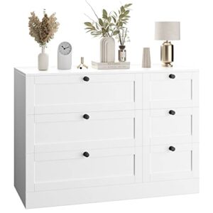 HOSTACK 6 Drawer Double Dresser, White Dresser Chest of Drawers, Wide 6 Drawer Chest, Wood Dresser Storage Cabinet with Deep Drawers for Living Room, Hallway, Entryway, White