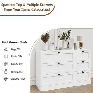 HOSTACK 6 Drawer Double Dresser, White Dresser Chest of Drawers, Wide 6 Drawer Chest, Wood Dresser Storage Cabinet with Deep Drawers for Living Room, Hallway, Entryway, White