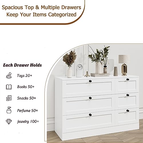 HOSTACK 6 Drawer Double Dresser, White Dresser Chest of Drawers, Wide 6 Drawer Chest, Wood Dresser Storage Cabinet with Deep Drawers for Living Room, Hallway, Entryway, White