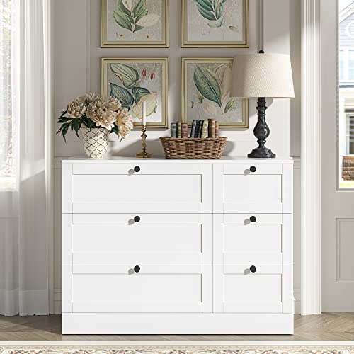 HOSTACK 6 Drawer Double Dresser, White Dresser Chest of Drawers, Wide 6 Drawer Chest, Wood Dresser Storage Cabinet with Deep Drawers for Living Room, Hallway, Entryway, White