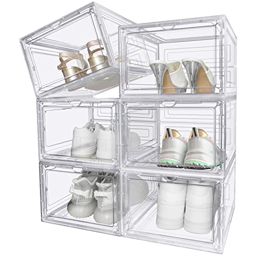 mupera Clear Shoe Box Stackable - Upgraded Large Plastic Sneaker Storage Box with Lid, Magnetic Shoe Boxes Stackable, Shoe Box Clear Plastic, Drop Front Boot Organizer, Hard Plastic Shoe Storage Bin