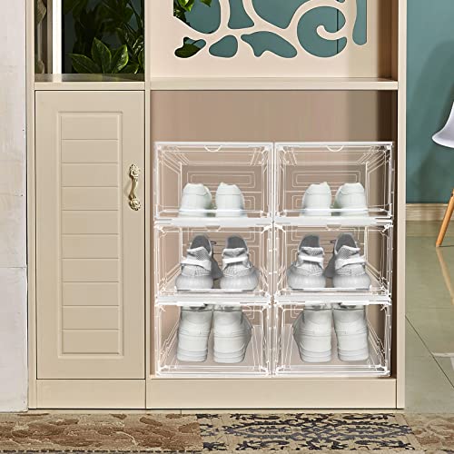mupera Clear Shoe Box Stackable - Upgraded Large Plastic Sneaker Storage Box with Lid, Magnetic Shoe Boxes Stackable, Shoe Box Clear Plastic, Drop Front Boot Organizer, Hard Plastic Shoe Storage Bin