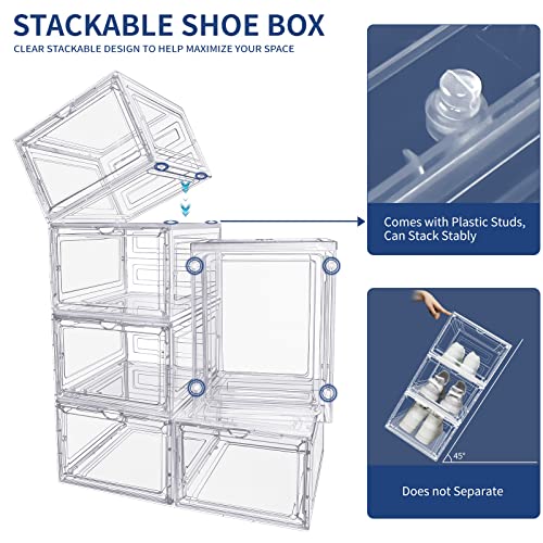 mupera Clear Shoe Box Stackable - Upgraded Large Plastic Sneaker Storage Box with Lid, Magnetic Shoe Boxes Stackable, Shoe Box Clear Plastic, Drop Front Boot Organizer, Hard Plastic Shoe Storage Bin