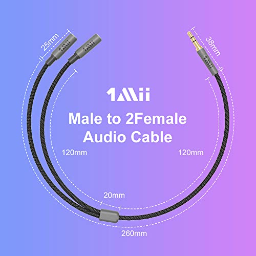 1Mii Headphone Splitter 3.5mm Y Splitter Audio Stereo Cable Male to 2 Female Extension Cable Headphones Splitter Adapter Aux Stereo Cord for Car/Home Stereos, Speaker, Smartphone, Tablet - 1ft/0.3M