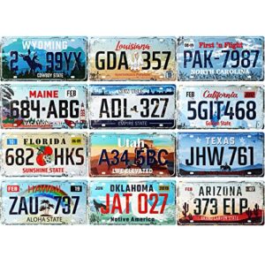 12 pieces vintage state license plates for decoration tin signs vintage us state number tags metal vintage automotive signs for man cave garage bar home wall decor, 6 x 12 inch