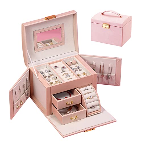 DREAM&GLAMOUR Jewelry Boxes for Women,3 Layer PU Leather Jewelry Organizer Box with Mirror and Lock.Medium Sized Portable Travel Jewelry case for Earrings Bracelets Rings Necklace-pink