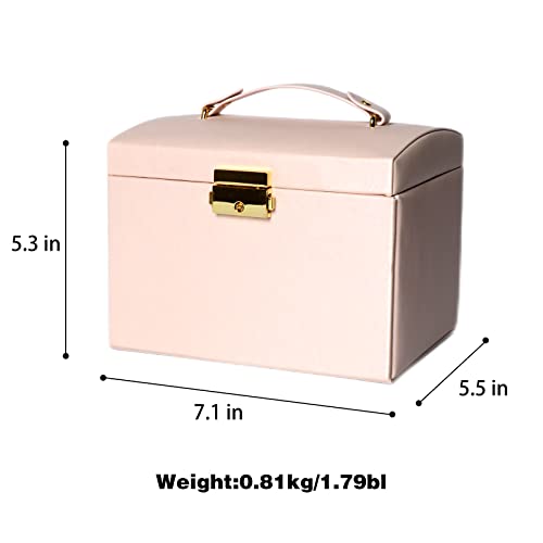 DREAM&GLAMOUR Jewelry Boxes for Women,3 Layer PU Leather Jewelry Organizer Box with Mirror and Lock.Medium Sized Portable Travel Jewelry case for Earrings Bracelets Rings Necklace-pink