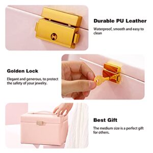 DREAM&GLAMOUR Jewelry Boxes for Women,3 Layer PU Leather Jewelry Organizer Box with Mirror and Lock.Medium Sized Portable Travel Jewelry case for Earrings Bracelets Rings Necklace-pink