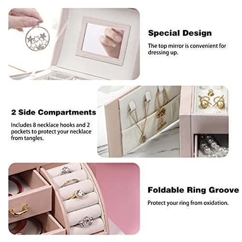 DREAM&GLAMOUR Jewelry Boxes for Women,3 Layer PU Leather Jewelry Organizer Box with Mirror and Lock.Medium Sized Portable Travel Jewelry case for Earrings Bracelets Rings Necklace-pink