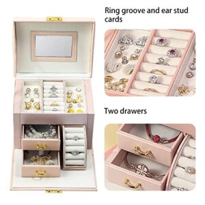 DREAM&GLAMOUR Jewelry Boxes for Women,3 Layer PU Leather Jewelry Organizer Box with Mirror and Lock.Medium Sized Portable Travel Jewelry case for Earrings Bracelets Rings Necklace-pink