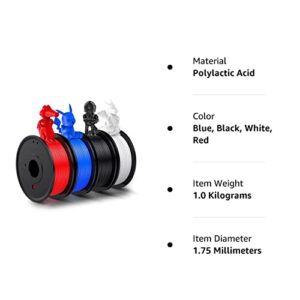 HZHNS PLA 3D Printer Filament, 1.75mm 3D Printing Consumables Bundle 1KG/2.2lb, 0.25KG/Spool 4 Colors Pack - Blue, Black, White, Red