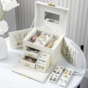 DREAM&GLAMOUR Jewelry Boxes for Women,3 Layer PU Leather Jewelry Organizer Box with Mirror and Lock.Medium Sized Portable Travel Jewelry case for Earrings Bracelets Rings Necklace-Milk White