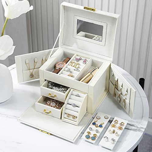 DREAM&GLAMOUR Jewelry Boxes for Women,3 Layer PU Leather Jewelry Organizer Box with Mirror and Lock.Medium Sized Portable Travel Jewelry case for Earrings Bracelets Rings Necklace-Milk White