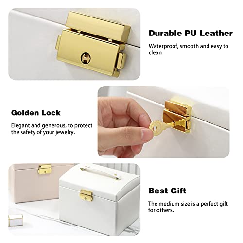 DREAM&GLAMOUR Jewelry Boxes for Women,3 Layer PU Leather Jewelry Organizer Box with Mirror and Lock.Medium Sized Portable Travel Jewelry case for Earrings Bracelets Rings Necklace-Milk White