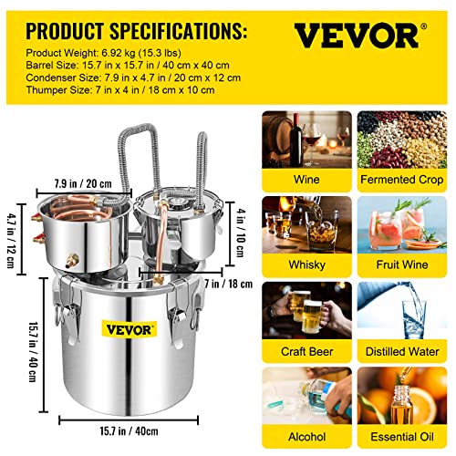 VEVOR Alcohol Still, 13.2Gal / 50L Stainless Steel Water Alcohol Distiller Copper Tube Home Brewing Kit Build-in Thermometer for DIY Whisky Wine Brandy, Silver