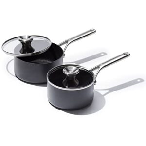 oxo professional hard anodized pfas-free nonstick, 1.7qt and 2.3qt saucepan pot set with lids, induction, diamond reinforced coating, dishwasher safe, oven safe, black