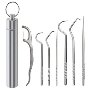 bonmall dental teeth pick stainless steel toothpick set reusable tooth stains remover dental tool teeth cleaning tools with holder for outdoor picnic, camping, travel (7pcs/set)