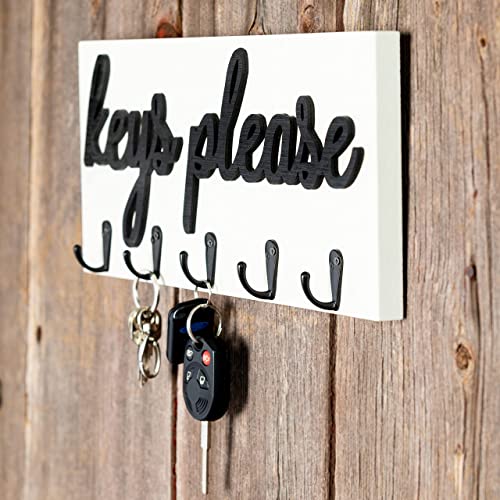 Ka Home Wall Mount Key Holder with Hooks - Entryway Wall Hanger with Key Hooks is an Ideal Organizer for Car Keys, Coats, Hats and More - Cute Farmhouse Style Decorative Hooks - 14 x 6 hes, White