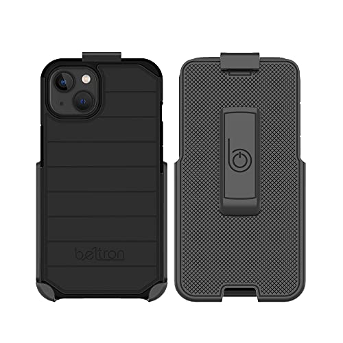 BELTRON Case with Belt Clip for iPhone 14, iPhone 13, Slim Full Protection Hybrid Case & Rotating Belt Clip Holster with Built in Kickstand, Scratch Resistant/Shock Absorption (NOT for PRO) - Black