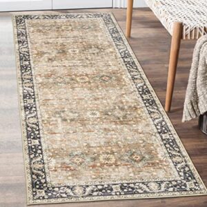 realife machine washable rug - stain resistant, non-shed - eco-friendly, non-slip, family & pet friendly - made from premium recycled fibers - distressed boho border - beige tan brown - 2'6" x 6'