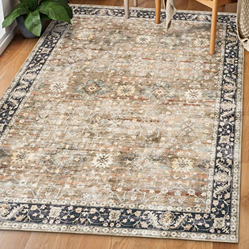 ReaLife Machine Washable Rug - Stain Resistant, Non-Shed - Eco-Friendly, Non-Slip, Family & Pet Friendly - Made from Premium Recycled Fibers - Distressed Boho Border - Beige Tan Brown - 2'6" x 6'