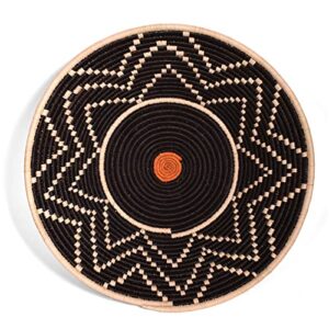 rwenzori starburst pattern 15-16-inch basket, handwoven in uganda, black/ivory/orange