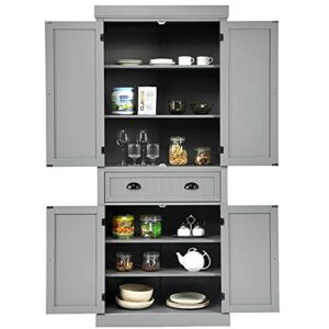MAT EXPERT Kitchen Pantry Cupboard Cabinet, Freestanding Storage Cabinet w/Drawers & Adjustable Shelves, 4-Door Wooden Storage Organizer for Living Room/Kitchen/Bedroom (Gray)