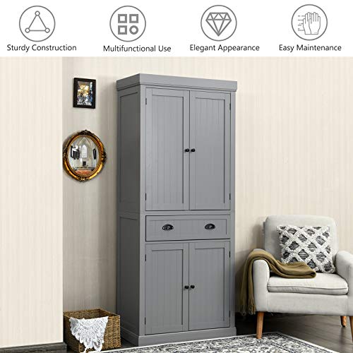 MAT EXPERT Kitchen Pantry Cupboard Cabinet, Freestanding Storage Cabinet w/Drawers & Adjustable Shelves, 4-Door Wooden Storage Organizer for Living Room/Kitchen/Bedroom (Gray)