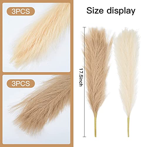 GALLIA Pampas Grass Decor Tall-Faux Pampas Grass Small 17"-6 Stems-Beige and Taupe Brown Pompas Floral, Artificial Pampas Grass Fake Pampas Grass Dried Pompous Grass (6Pcs)