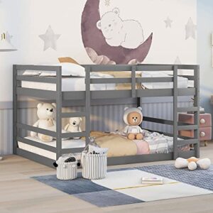 low bunk beds twin over twin floor bunk bed wood bunkbed frame for kids toddlers boys girls teens’ bedroom dorm, gray