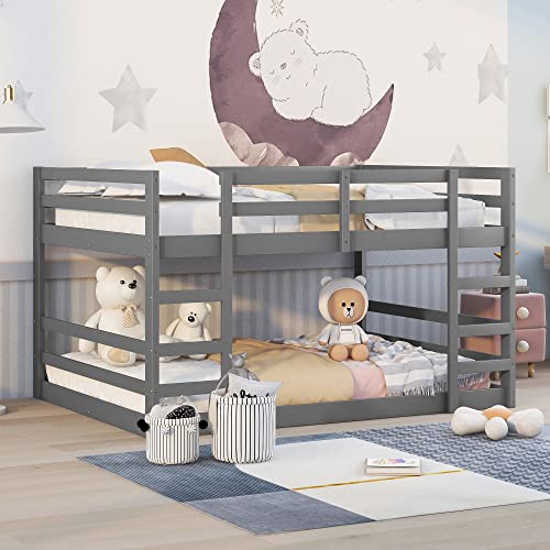Low Bunk Beds Twin Over Twin Floor Bunk Bed Wood Bunkbed Frame for Kids Toddlers Boys Girls Teens’ Bedroom Dorm, Gray