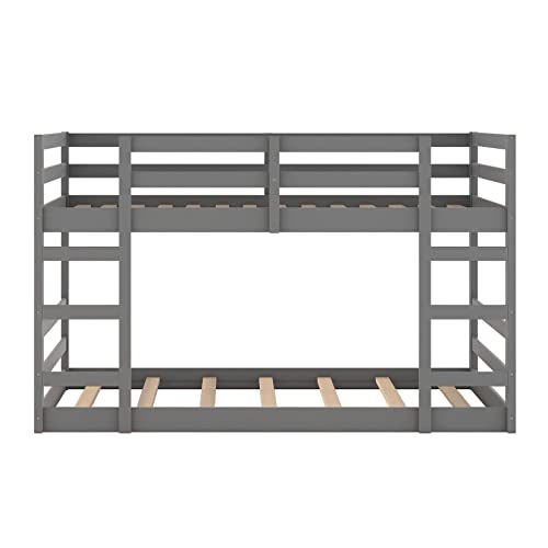 Low Bunk Beds Twin Over Twin Floor Bunk Bed Wood Bunkbed Frame for Kids Toddlers Boys Girls Teens’ Bedroom Dorm, Gray