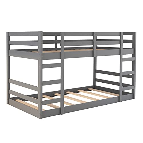 Low Bunk Beds Twin Over Twin Floor Bunk Bed Wood Bunkbed Frame for Kids Toddlers Boys Girls Teens’ Bedroom Dorm, Gray