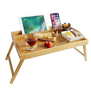 natural bamboo bed tray table,large breakfast tray with handles folding legs with media slot and with phone holder，foldable platter tray,laptop desk,flat tv tray kitchen serving tray (yellow)