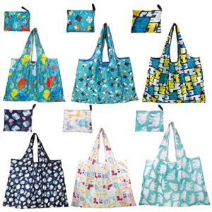 6 pack reusable grocery shopping tote foldable bags with pouch, large capacity, durable, washable, heavy duty lightweight, eco-friendly, waterproof, geometry animal floral design also for travel, gift (animal style)