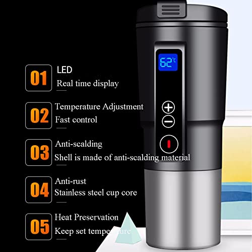 Funchic Heated Travel Mug Electric Coffee Mug Warmer 12V Thermos Cup Intelligent Travel Mug with Temperature Control for Car