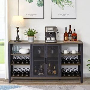 FATORRI Industrial Wine Bar Cabinet for Liquor and Glasses, Farmhouse Metal Sideboard & Wood Coffee/Buffet Cabinet with Wine Rack (55 Inch, Walnut Brown)