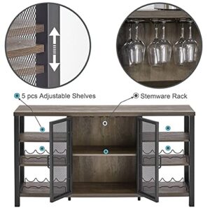 FATORRI Industrial Wine Bar Cabinet for Liquor and Glasses, Farmhouse Metal Sideboard & Wood Coffee/Buffet Cabinet with Wine Rack (55 Inch, Walnut Brown)