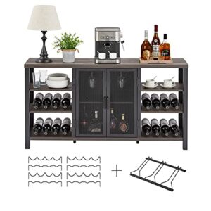 FATORRI Industrial Wine Bar Cabinet for Liquor and Glasses, Farmhouse Metal Sideboard & Wood Coffee/Buffet Cabinet with Wine Rack (55 Inch, Walnut Brown)