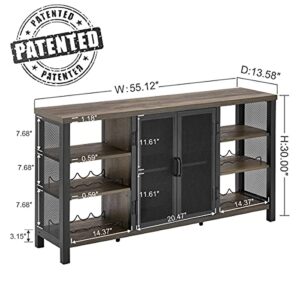FATORRI Industrial Wine Bar Cabinet for Liquor and Glasses, Farmhouse Metal Sideboard & Wood Coffee/Buffet Cabinet with Wine Rack (55 Inch, Walnut Brown)