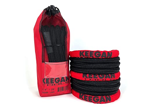 KEEGAN TOOLS 3/4" x 20' Kinetic Recovery Rope 16000lbs Breaking Strength Stretches Up to 30% in Length for Snowmobile, Off Road Rope for Jeep, Truck, Car, ATV, UTV, Tractor, Tow Strap, Recovery Strap