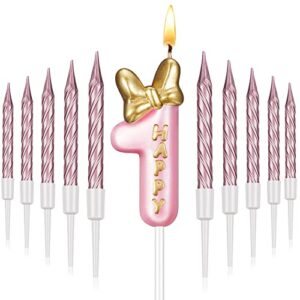 pink birthday candle girl, number birthday cake topper with 10 pieces rose gold birthday candles long thin cupcake candles in holders for cake topper birthday baking decor supplies (number 1 style)