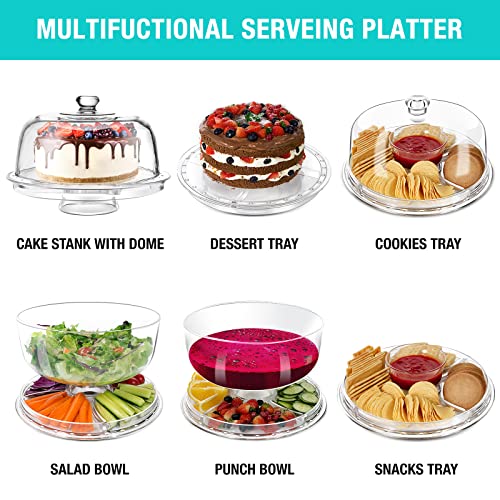 Masthome Cake Stand with Demo Cover, 6 in 1 Multi-Functional Serving Platter Display Stand for Christmas Wedding Party, Acrylic Cake Plate/Salad Bowl/Dessert Platter, BPA-Free, Send 1 Fork and 1 Spoon