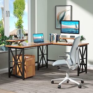 GreenForest L Shaped Desk with 2 Monitor Stand, 50.4 inch Reversible Corner Computer Desk for Home Office Study Gaming Workstation Crafting Table for Small Spaces, Easy Assembly, Walnut