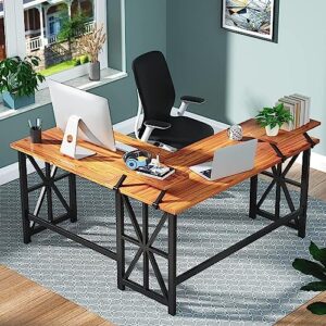 GreenForest L Shaped Desk with 2 Monitor Stand, 50.4 inch Reversible Corner Computer Desk for Home Office Study Gaming Workstation Crafting Table for Small Spaces, Easy Assembly, Walnut