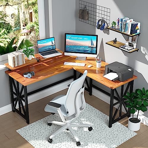 GreenForest L Shaped Desk with 2 Monitor Stand, 50.4 inch Reversible Corner Computer Desk for Home Office Study Gaming Workstation Crafting Table for Small Spaces, Easy Assembly, Walnut