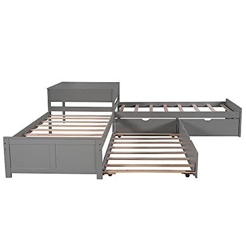 L Shaped Platform Bed with Trundle and Drawers, Wooden Twin Corner Bed Frame Linked with Built-in Desk for 3 People, Gray