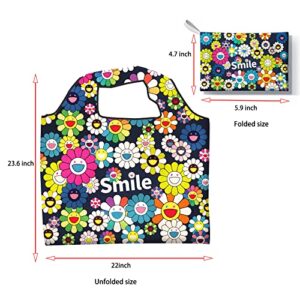 FORZEN Reusable Bags Cute Fashion Shopping Bags Large Grocery Bags with Pouch for Women Girl Heavy Duty Lightweight Washable Foldable Durable Smile Flower(1PC)