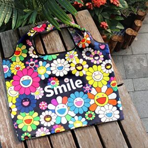 FORZEN Reusable Bags Cute Fashion Shopping Bags Large Grocery Bags with Pouch for Women Girl Heavy Duty Lightweight Washable Foldable Durable Smile Flower(1PC)