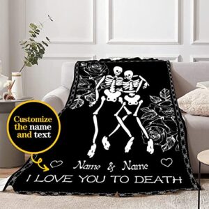 custom name blanket, personalized skeleton flannel throw blankets: love you to death blanket, spooky skull blanket, wedding or anniversary present, halloween goth wedding valentines day gift 50"x40"